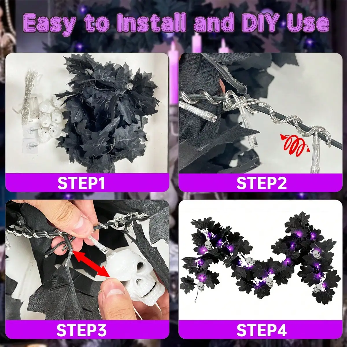 1pc 20 LED Halloween Horrible Atmosphere Fall Black Maple Leave Vines Light With 6 Skull Battery Powered Hanging DIY Decorative