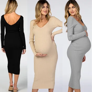 Sexy Slim Fit V-neck Long Sleeved Knitted Maternity Dress