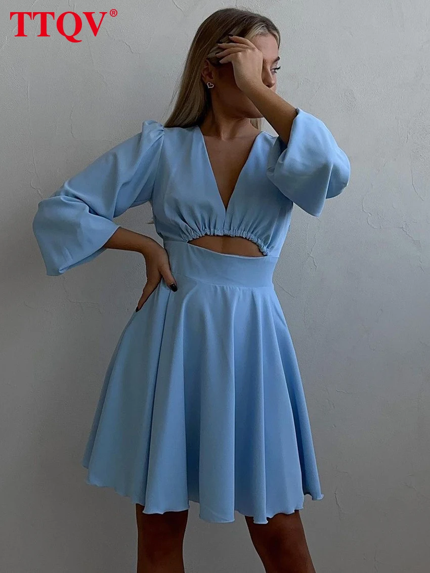 

TTQV Fashion Blue V-Neck Women'S Dress 2023 Elegant Hollow Out Wrist Sleeve Dresses Casual Pleated Mini Dresses Female Clothing