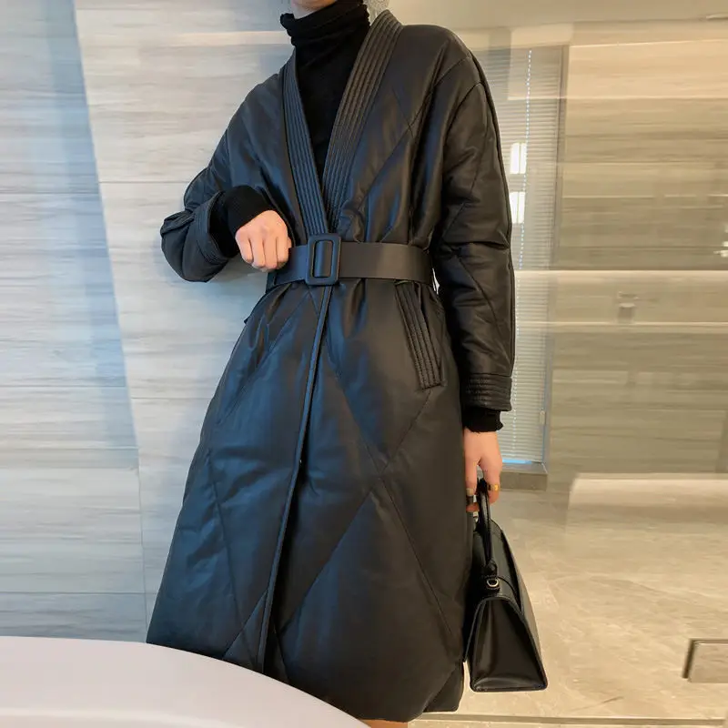 

Haining Leather Coat 2023 Autumn and Winter Leather Down Cotton Coat Long Sleeve Women Mid length Coat Waist Cotton Parkas Coat
