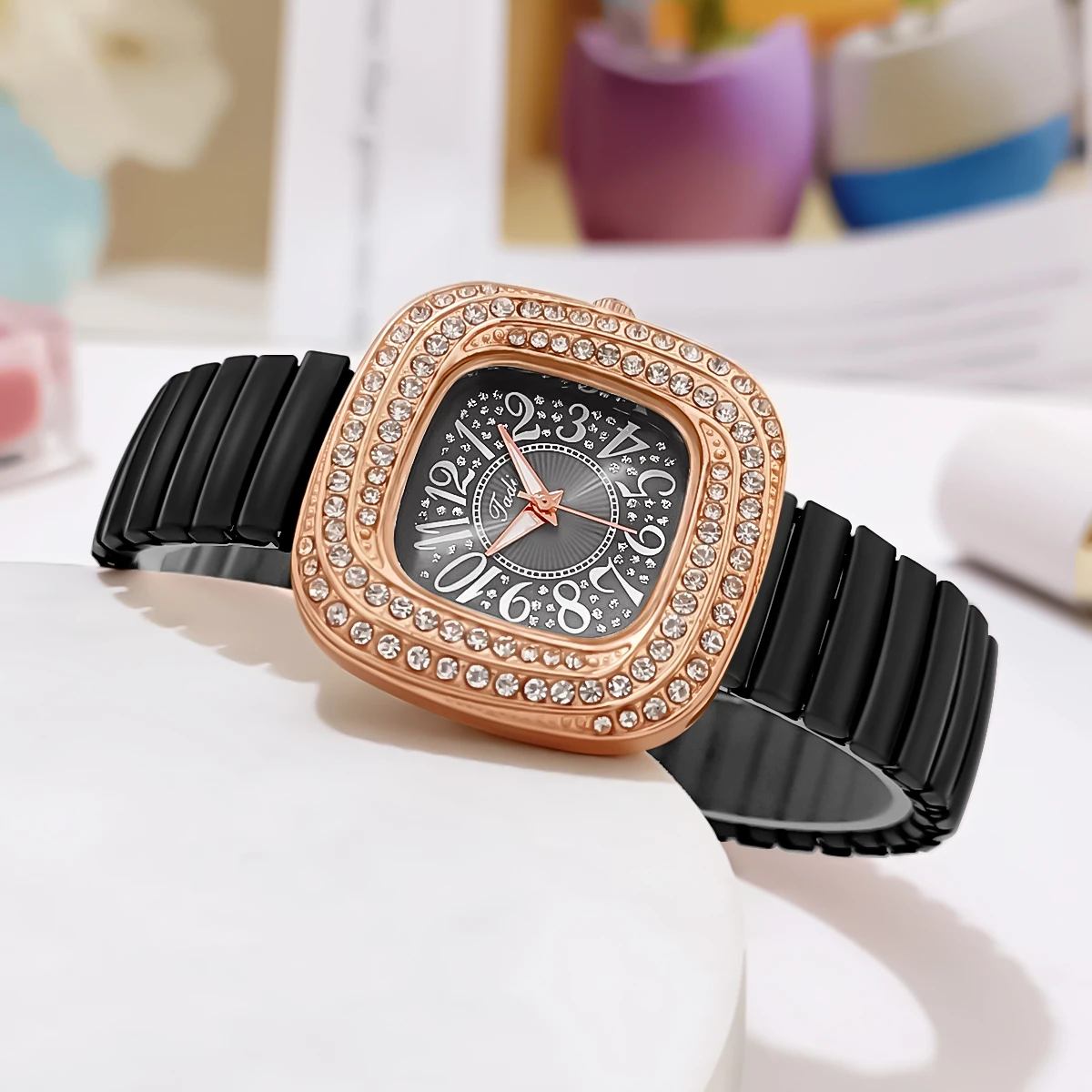 Women Fashion Business Diamond Elastic Band Quartz Watch 6