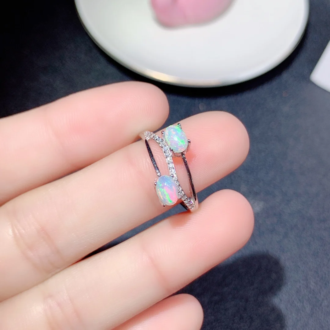 S925 Sterling Silver 4x6* Natural Opal Ring Double Oval Stone for Women Fine Fashion Weddings Jewelry
