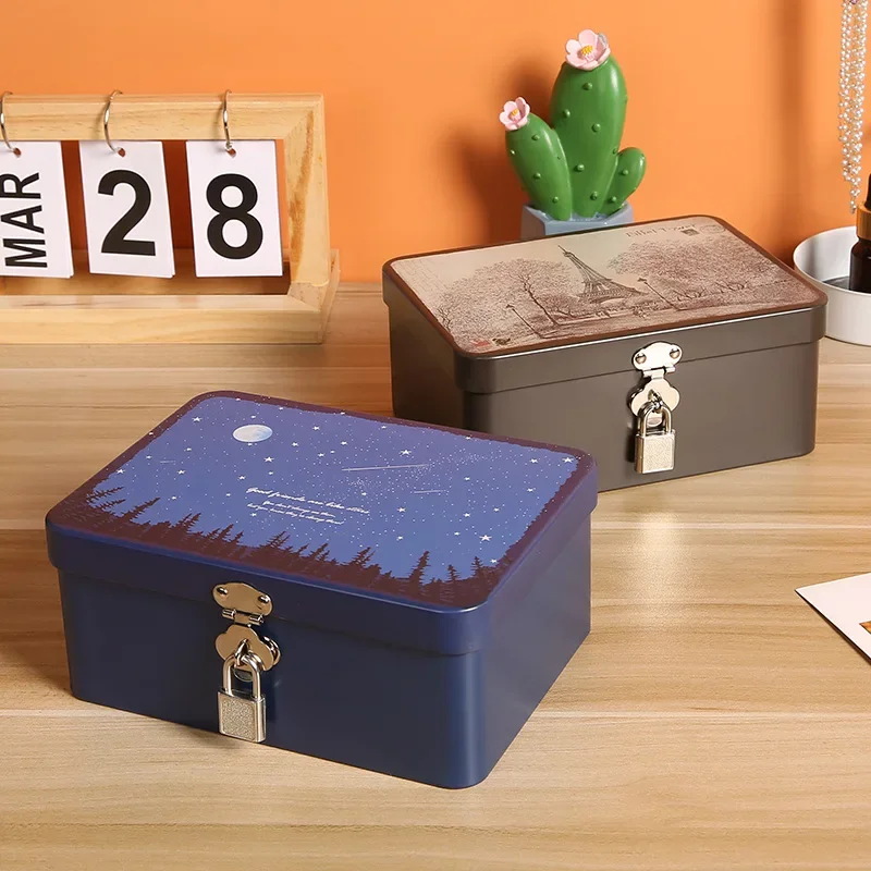 Vintage Tinplate Lockable Storage Box Desktop Storage Cosmetics Sundry Household Jewelry