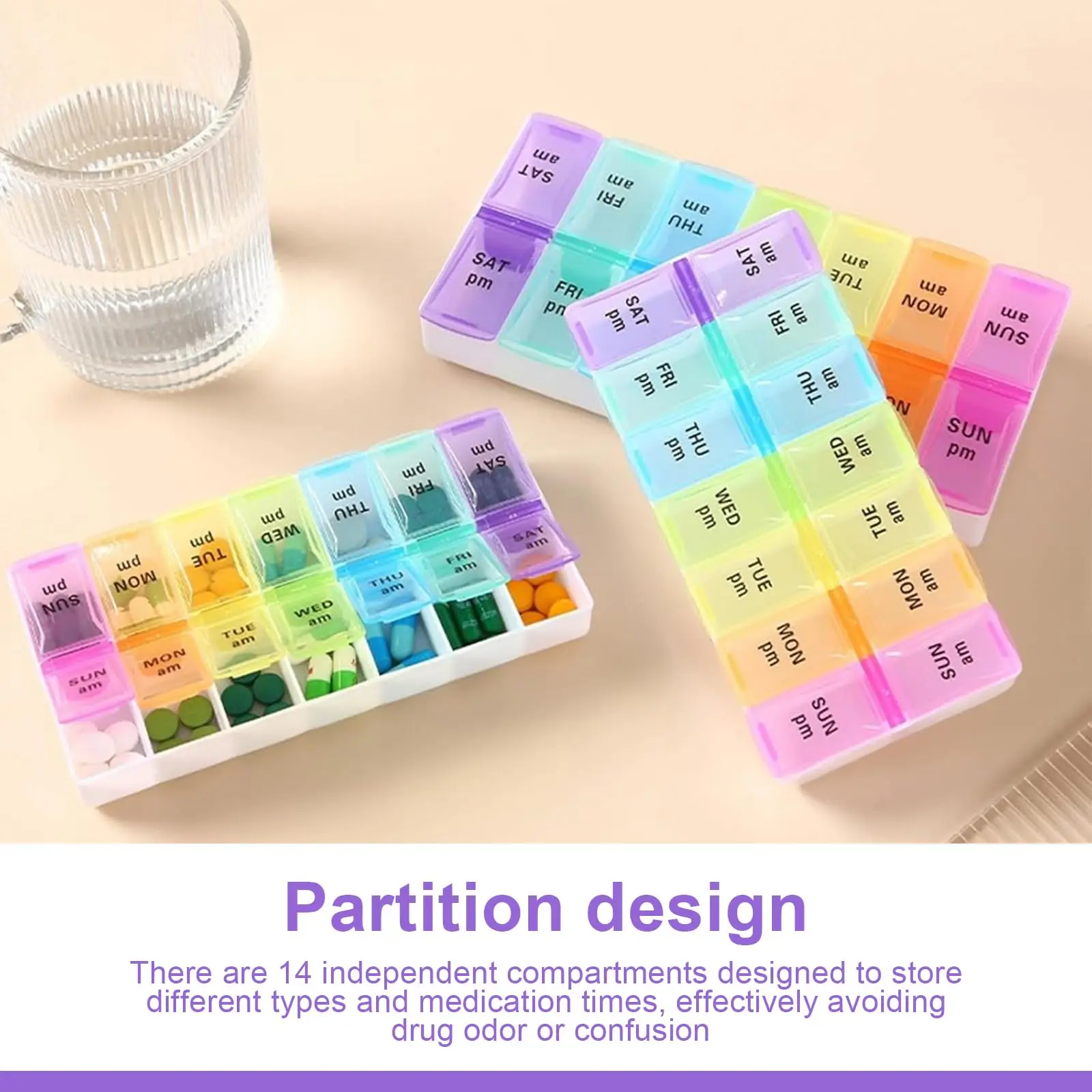 Shunshi Weekly Pill Organizer with Am/Pm Compartments Travel Pill Boxes 7 Day 2 Times A Day Tablet Dispenser with 14 compartment