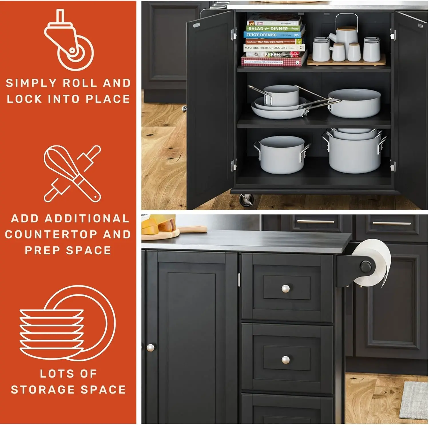 Cart with Stainless Steel Metal Top, Rolling Mobile Kitchen Island with Storage and Towel Rack, 54 Inch Width