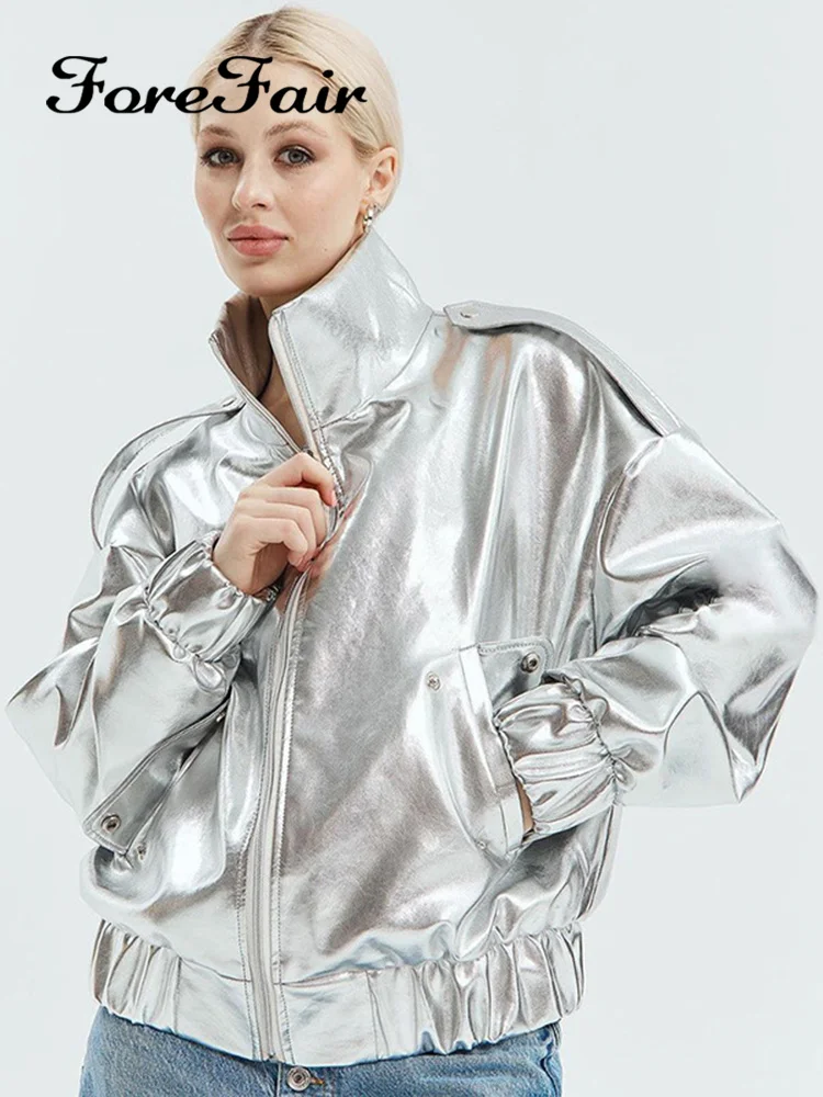 

Forefair Korean Sliver PU Jacket Women Winter Long Women's Casual Zipper Jacket Streetwear Harajuku Y2K Loose Women's Coat 2023