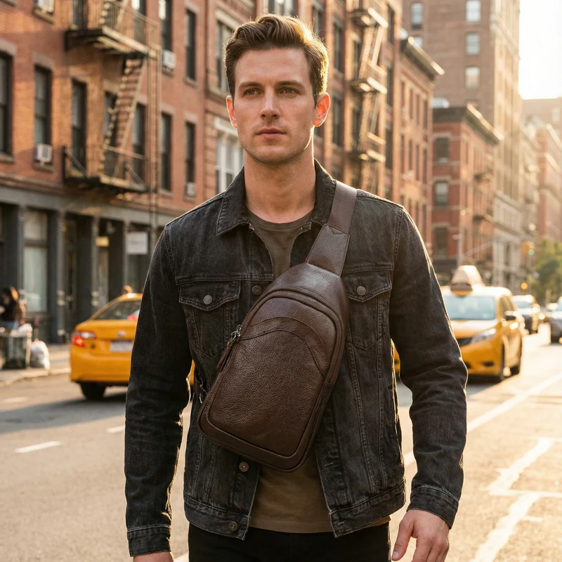 Luxury Designer Mens Genuine Top Grain Leather Chest Bag image 11