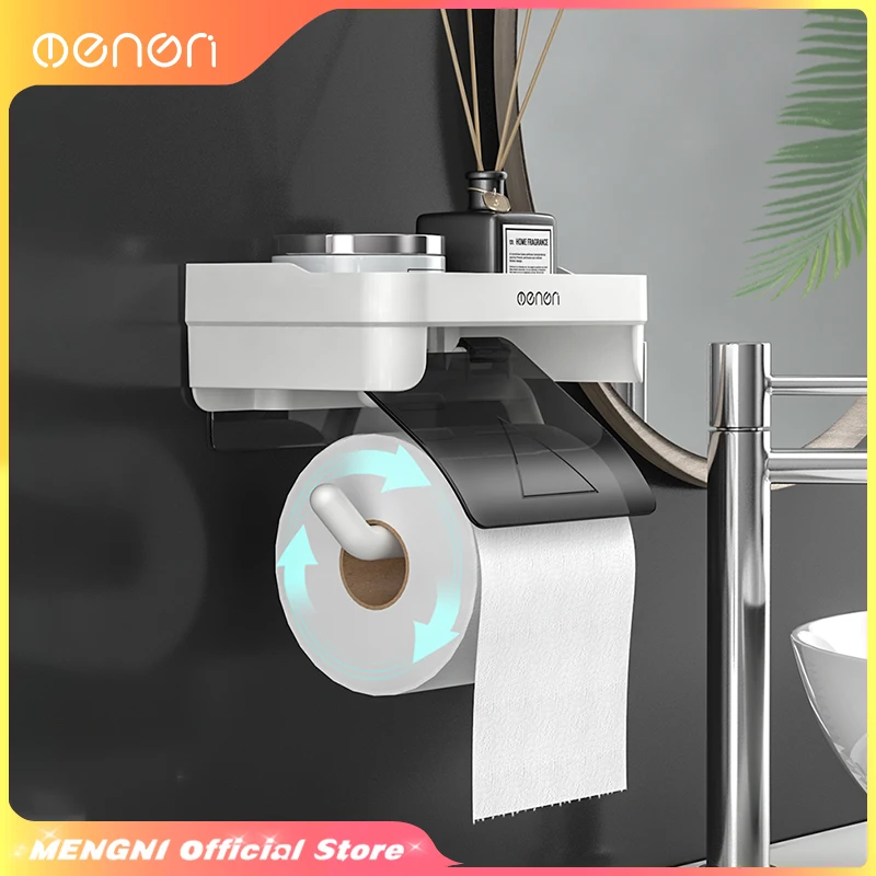 Toilet Paper Holder Tissue Dispenser MENGNI Wall Mount Toilet Paper Holder No Drill Bathroom Tissue Dispenser Self-adhesive Kitchen Roll Paper Rack Stand Accessory