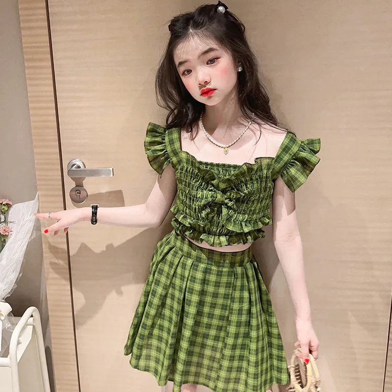 

Cute Plaid skirt Sets for Girls 4 5 6 7 8 9 10 11 12 13 14 Years Summer Green Off shoulder Tops + Pleated Skirt Suits Children's