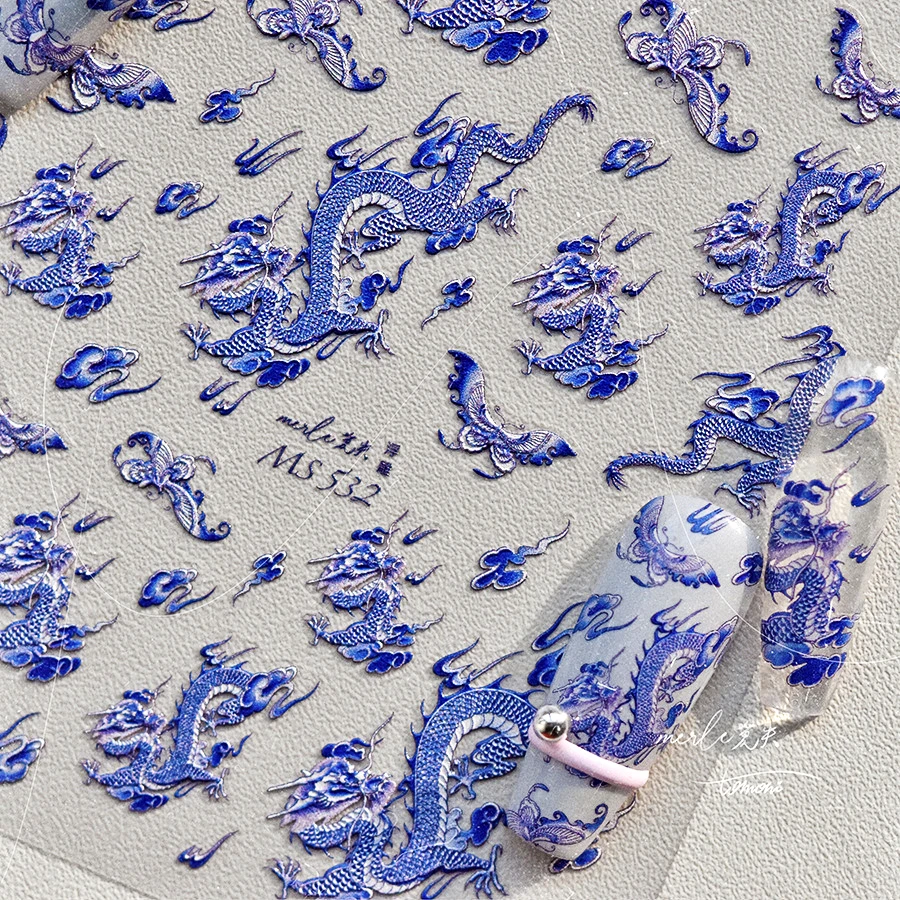 Retro Embroidered Dragon Red Pink Blue White Porcelain Chinese 3D Embossed Relief Self Adhesive Nail Art Stickers Manicure Decal 2