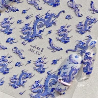 Retro Embroidered Dragon Red Pink Blue White Porcelain Chinese 3D Embossed Relief Self Adhesive Nail Art Stickers Manicure Decal 2