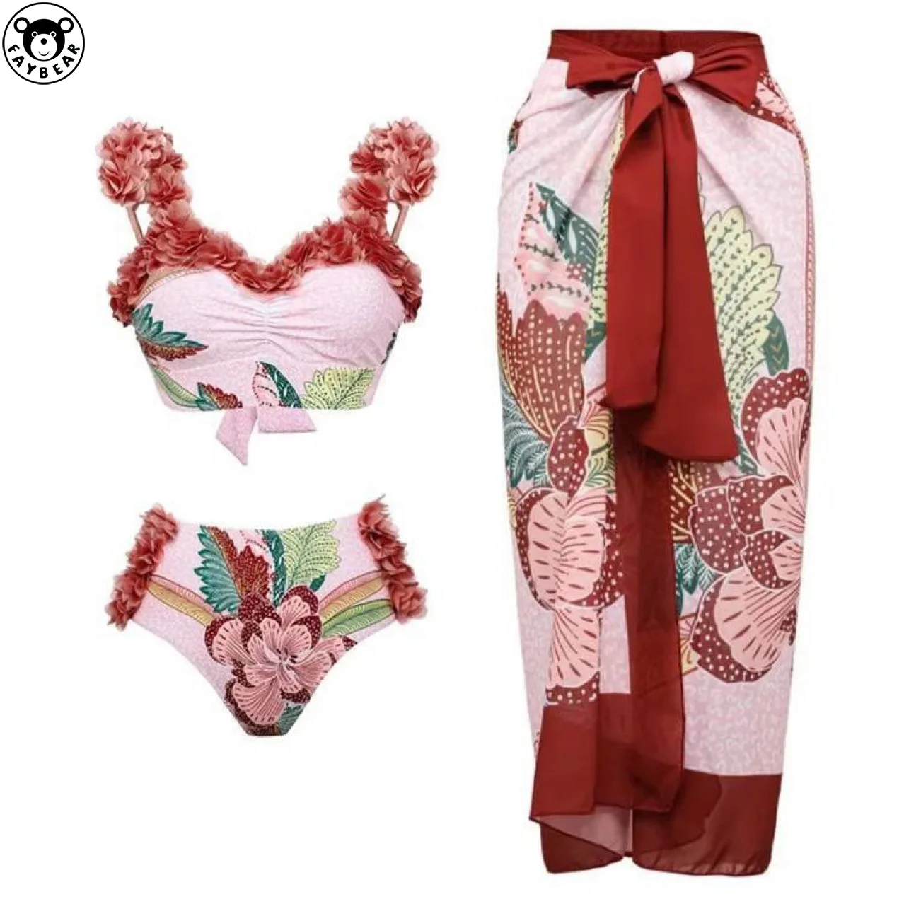 

2023 New Three Piece Swimwear Finalized Print Steel Bracket Gather Fashion Petal Yarn Skirt Swimwear Women