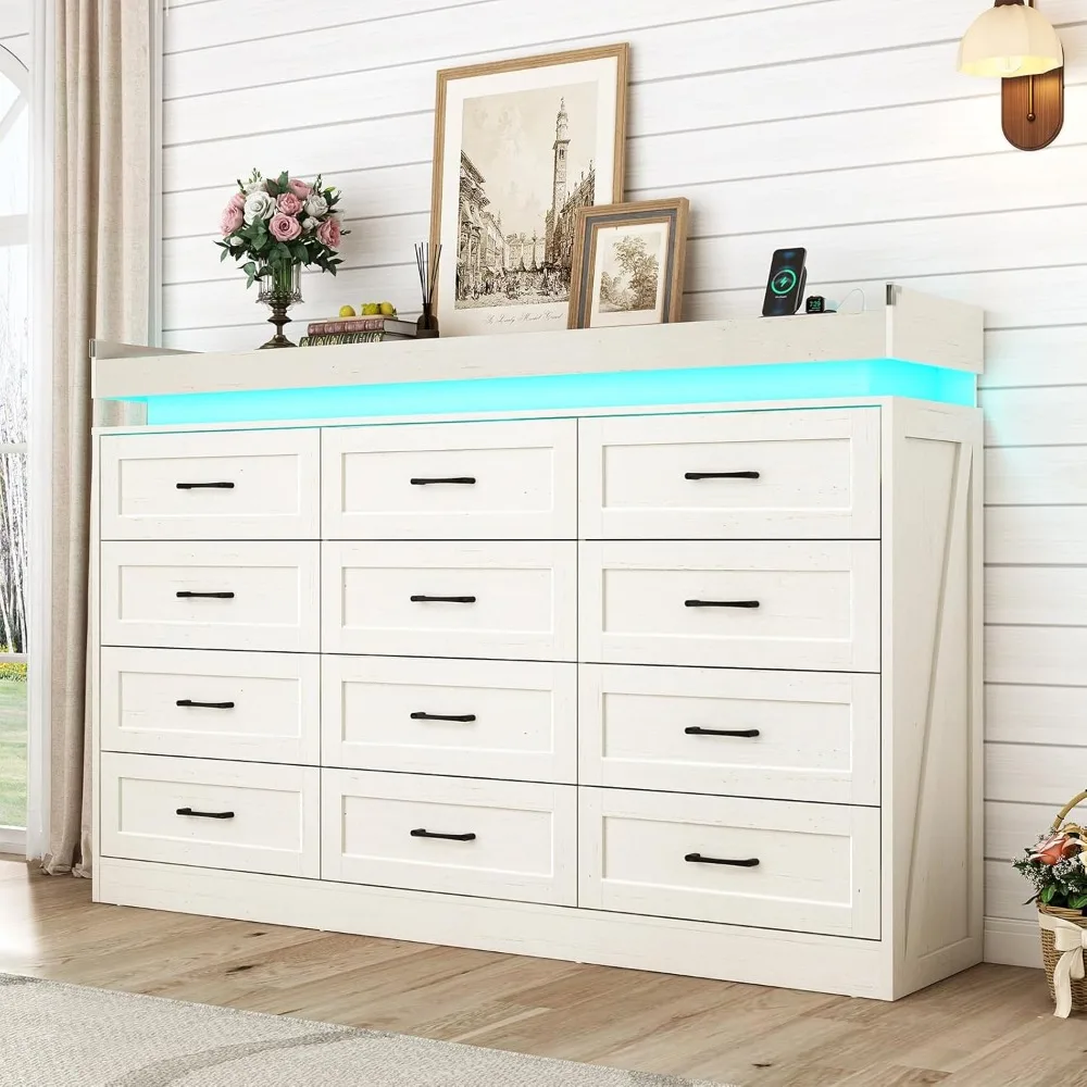 Tall Large Farmhouse 12 Drawers Dresser for Bedroom with LED Light and Power Outlets,Wood Rustic 12 Chests of Drawers for Closet 3