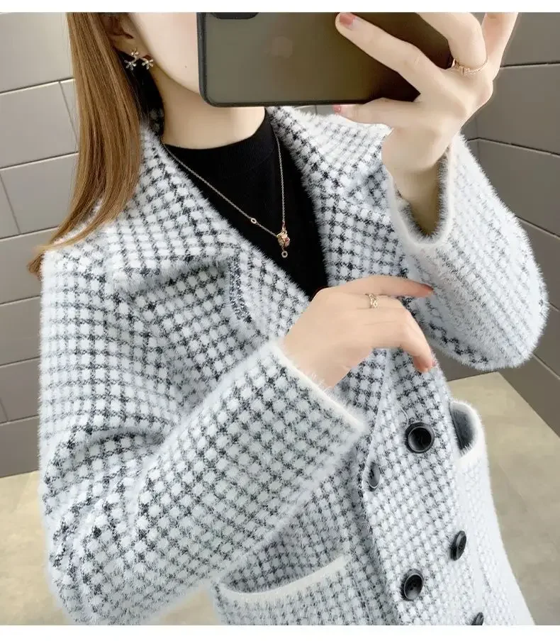 Imitation mink velvet coat women's medium long plaid coat autumn winter thick loose suit collar warm autumn winter coat