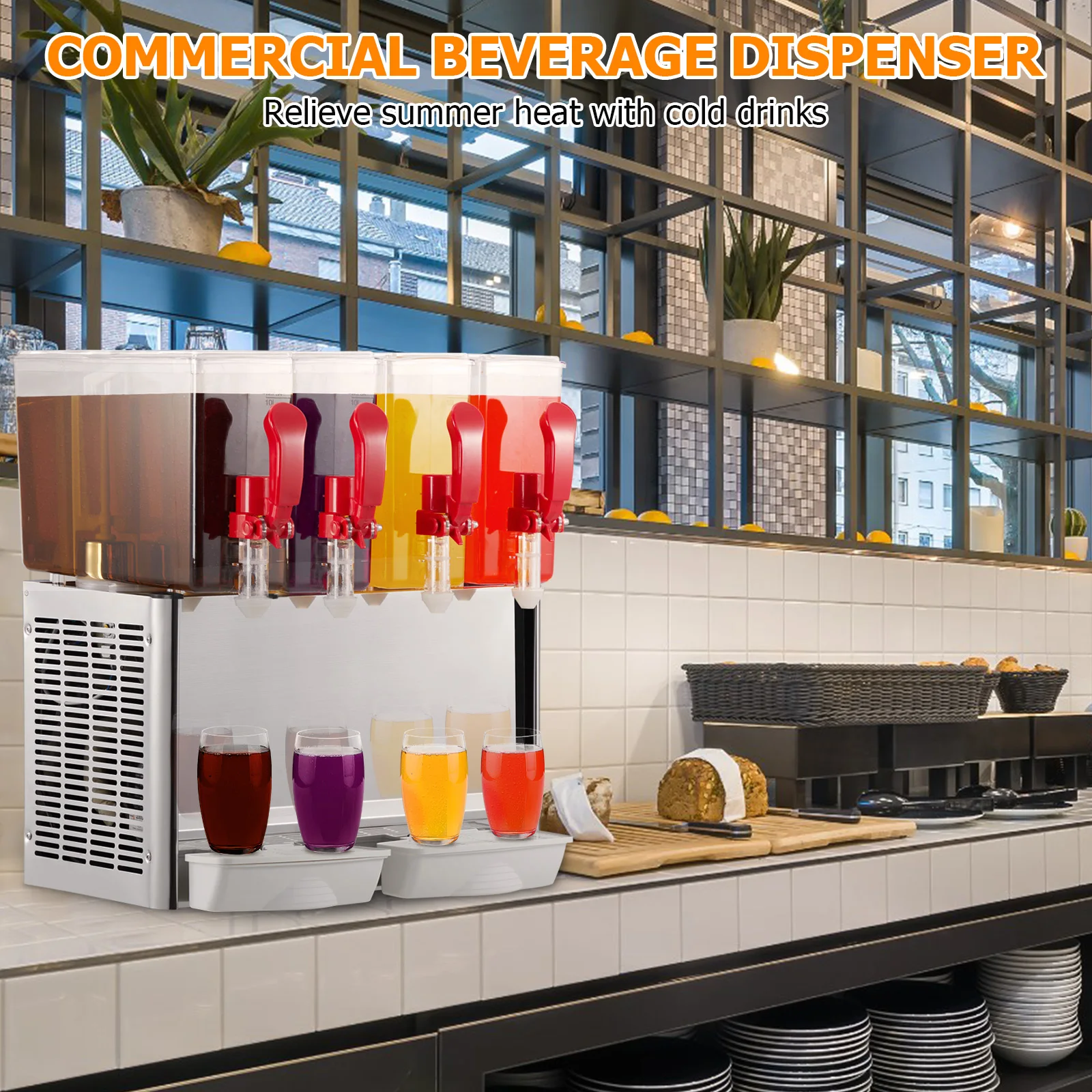 Commercial Beverage Dispenser, 4 Tanks 10.56 Gallon 40L Commercial Juice Dispenser, 10 Liter Per Tank, 380W Stainless Steel Food 2