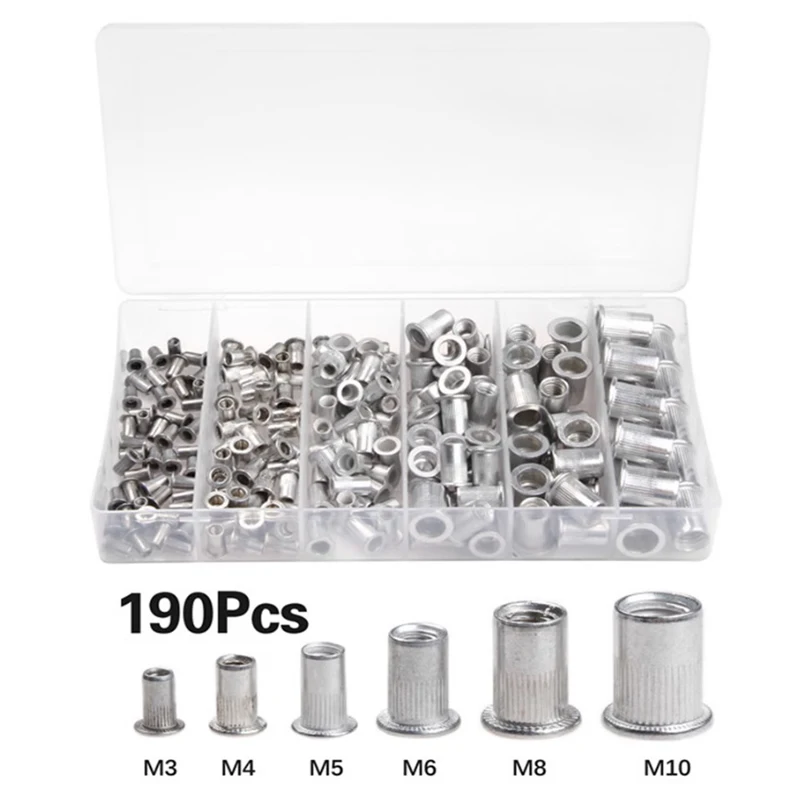 

190pcs M3 M4 M5 M6 M8 M10 Aluminum Flat Countersunk Head Rivet Nuts Rivnut Nutsert Cap Thread Insert Rivet Nut Tool Set