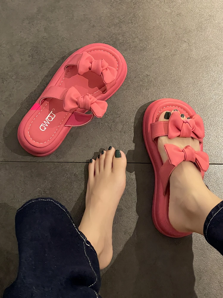 

Female Shoes House Slippers Platform Slides Fashion Med Butterfly-Knot 2023 Luxury Rubber Flat Summer Retro PU Butterfly-knot