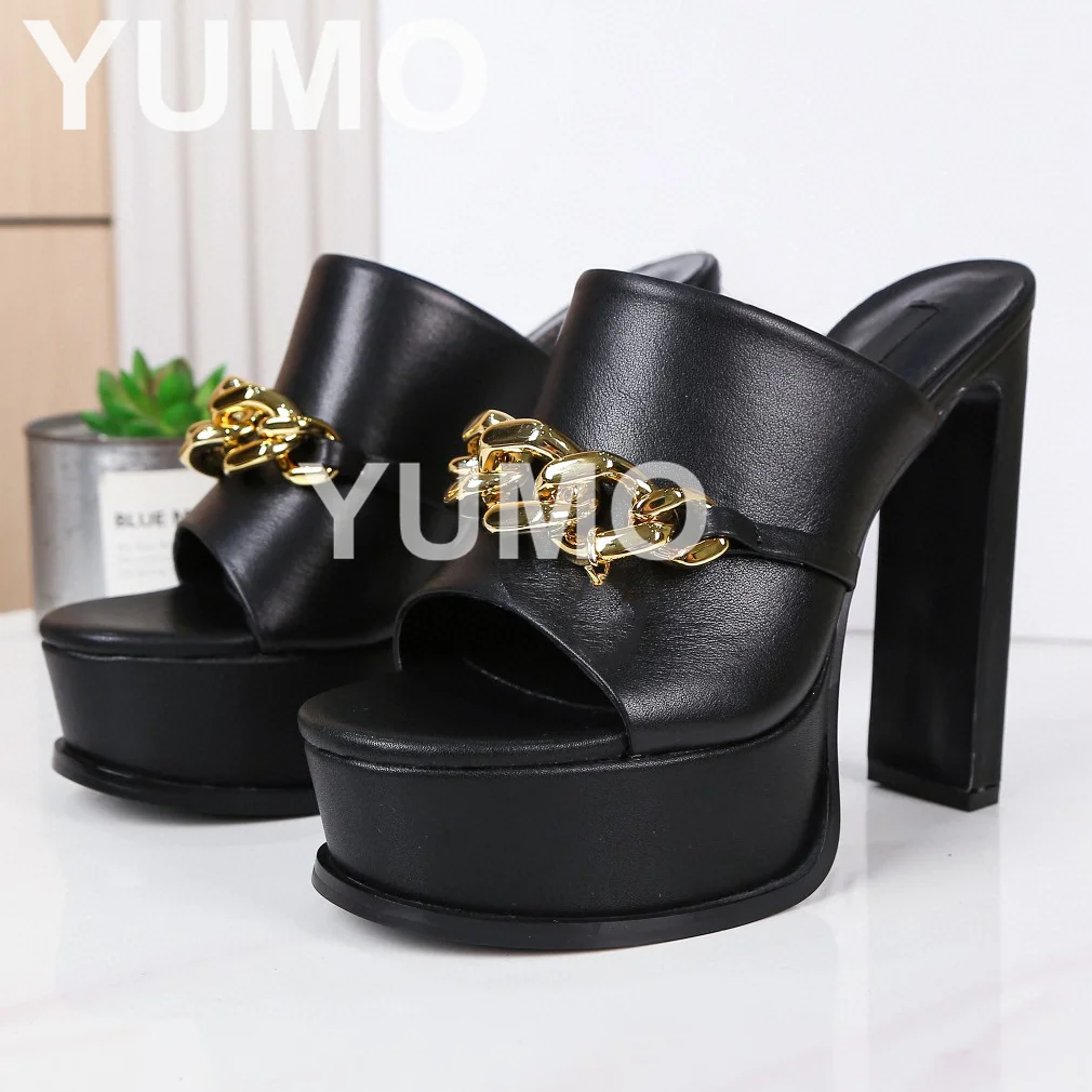 

High Quality Design Women Pumps Size 42 Summer Genuine Leather Slides Platform Solide Metal Chain Super High Heels Slippers