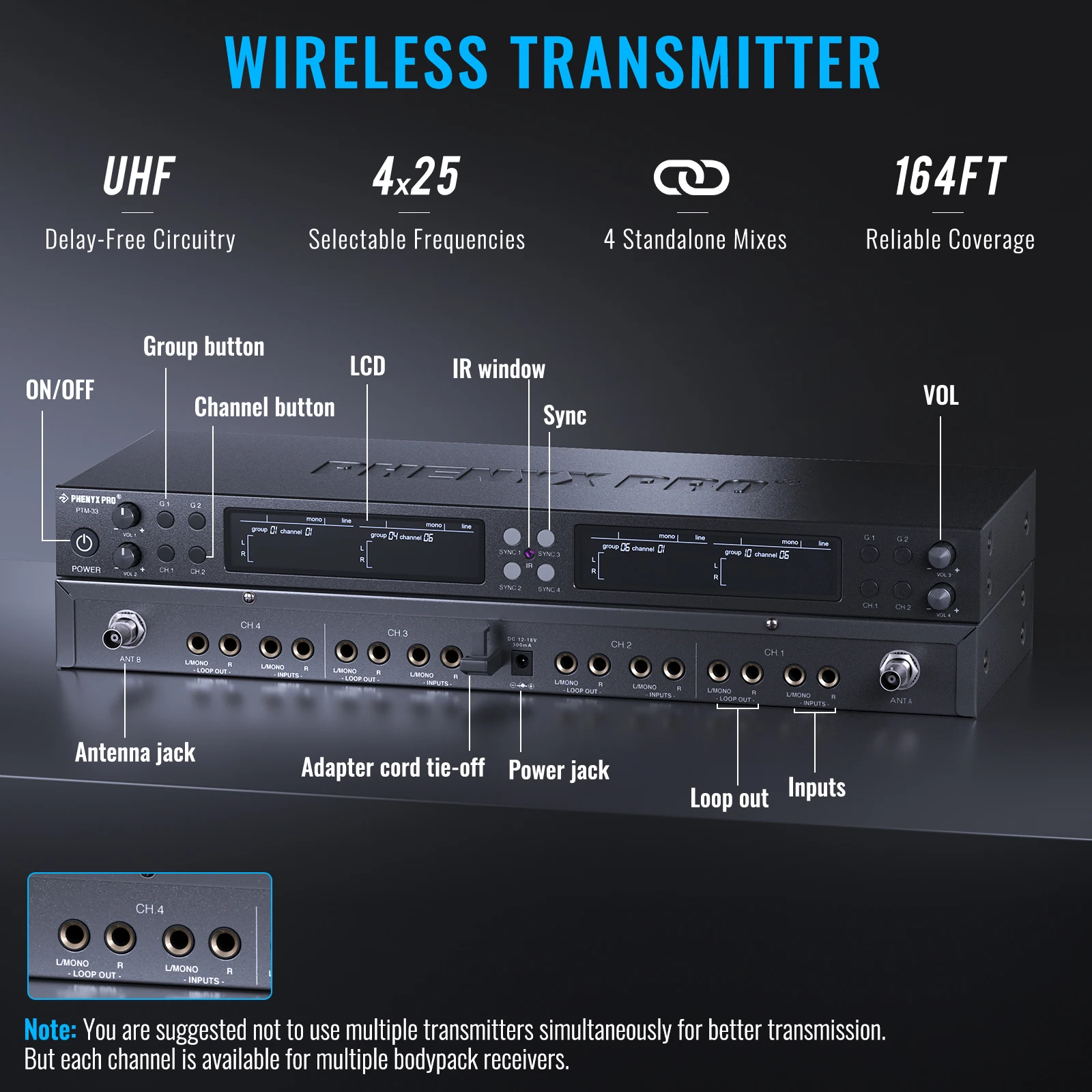 Quad-Channel Mono Wireless IEM System Metal transmitter w/4Plastic Bodypacks 4x25UHF Frequencies Rack Mount for Studio/Band