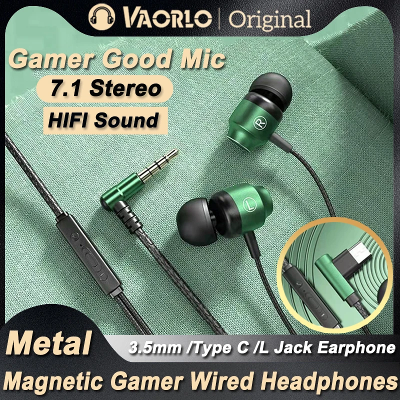 L Jack Magnetic Gamer Wired Headphones Gaming Green Metal HiFi Bass Stereo 3.5mm Type C Earbuds for Mobile Phone Computer Mic He 1