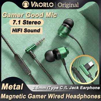 L Jack Magnetic Gamer Wired Headphones Gaming Green Metal HiFi Bass Stereo 3.5mm Type C Earbuds for Mobile Phone Computer Mic He 1