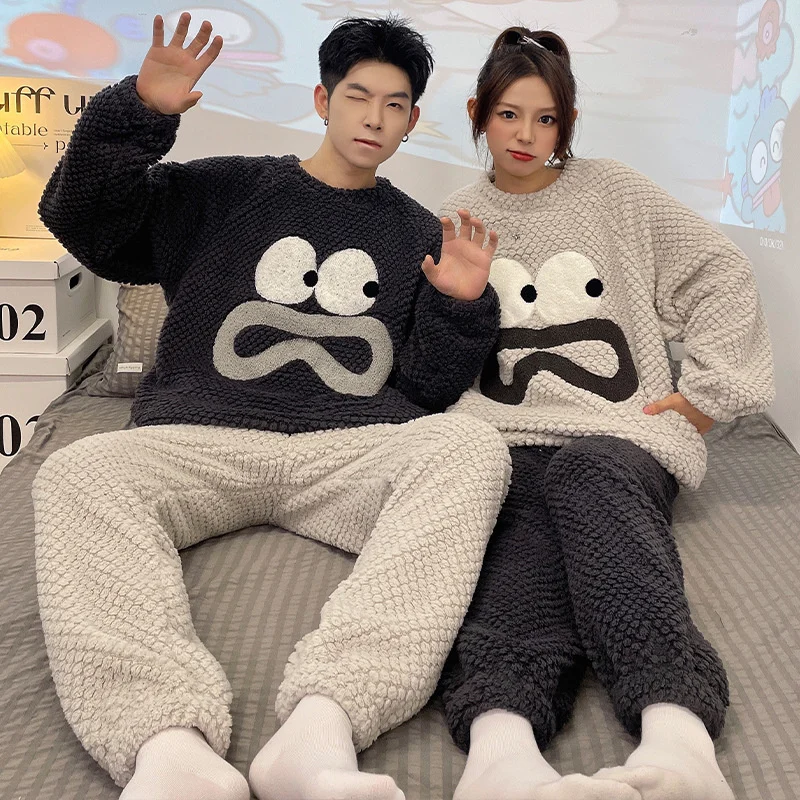 Autumn and Winter 2023 New Big Brand Warm Cute Cartoon Pajamas Couple Set Women Coral Fleece Flannel Men's Home Wear