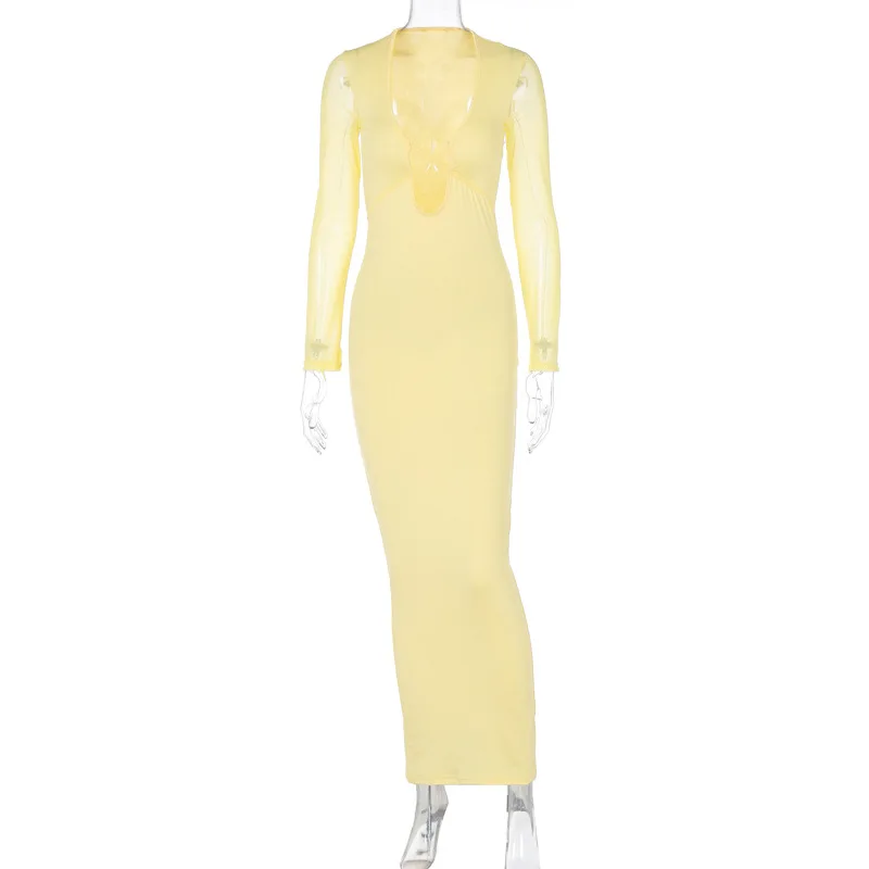 Vestido largo de malla con encaje y aberturas - Elegante vestido de fiesta con escote en V y banda elástica