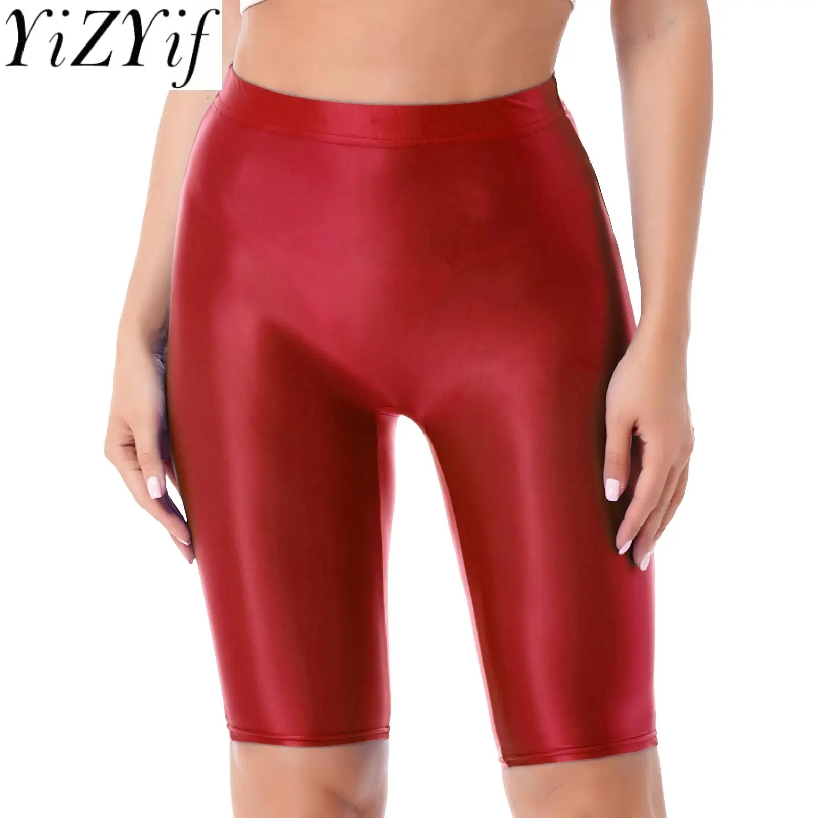 

Fashion Glossy Shorts Women High Waist Seamless Short Leggings Oil Shiny Fitness Workout Sports Push Up Tights Clubwear Swimwear