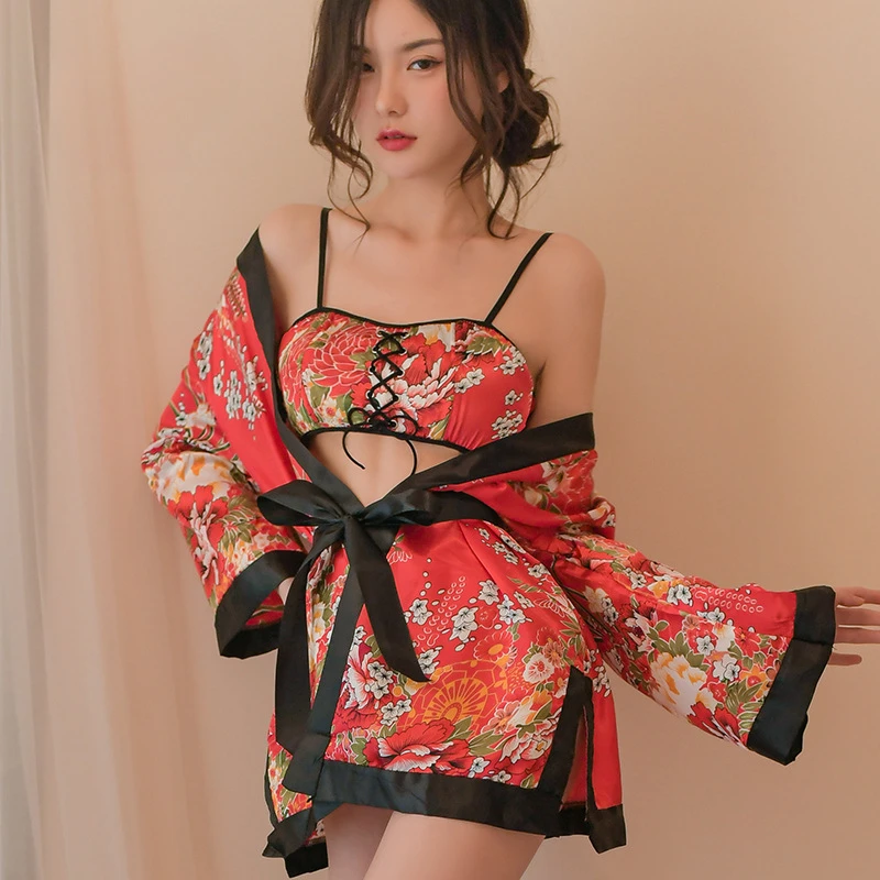 Red Sexy Lingerie Japanese Kimono Cosplay Printed Floral Bathrobe Pajama Kawaii Women Uniform Robe Nightdress Bra Panties Set