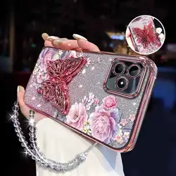 Elegant Pink Peonies Plating Bracelet Holder Phone Case Cover for Realme Narzo N63 (Pink)