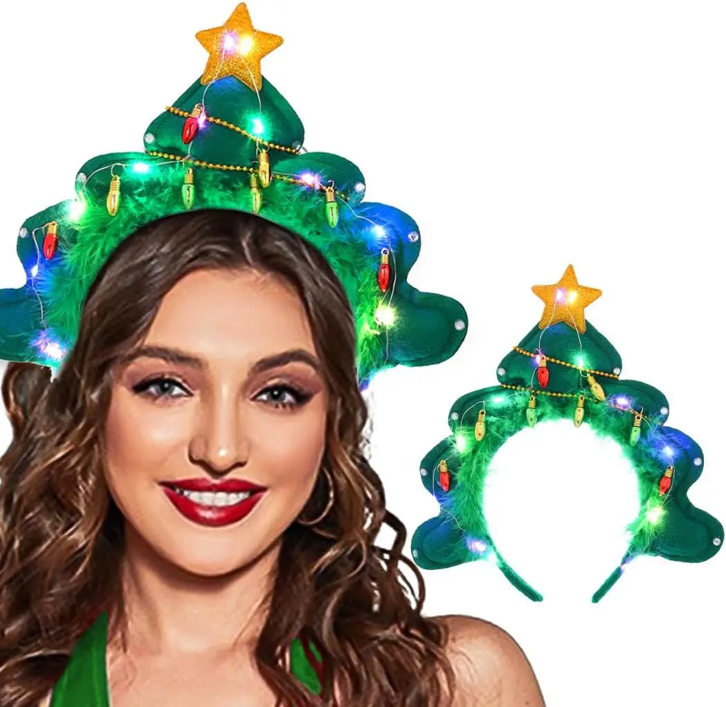 Light Up Christmas Headbands Tree Stars LED Hair Hoop Glow Xmas Hairbands Glitter Festival Headpiece for Women and Girls