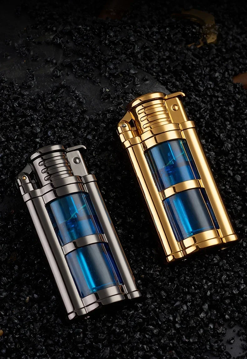 Description Picture 5 of item2023 Windproof Direct Charge Transparent Visible Air Bin Metal Gas Turbine Lighter Kitchen Barbecue Camping Cigar Tool Men's