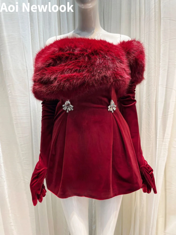 

Новый год, искусственное красное бархатное женское платье, Осень-зима 2023, новинка, со стразами, плечами, съемным меховым воротником, одежда для рождественских свиданий