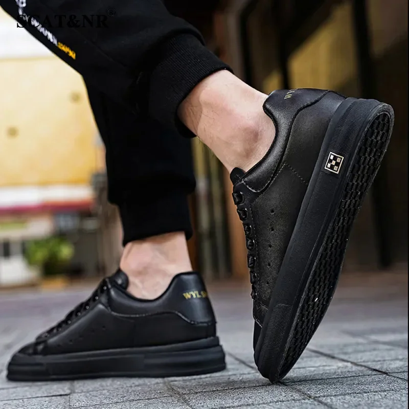 Men leather sneakers elevator shoes casual lift height increase insole 6cm black taller shoes for man fashion sports white