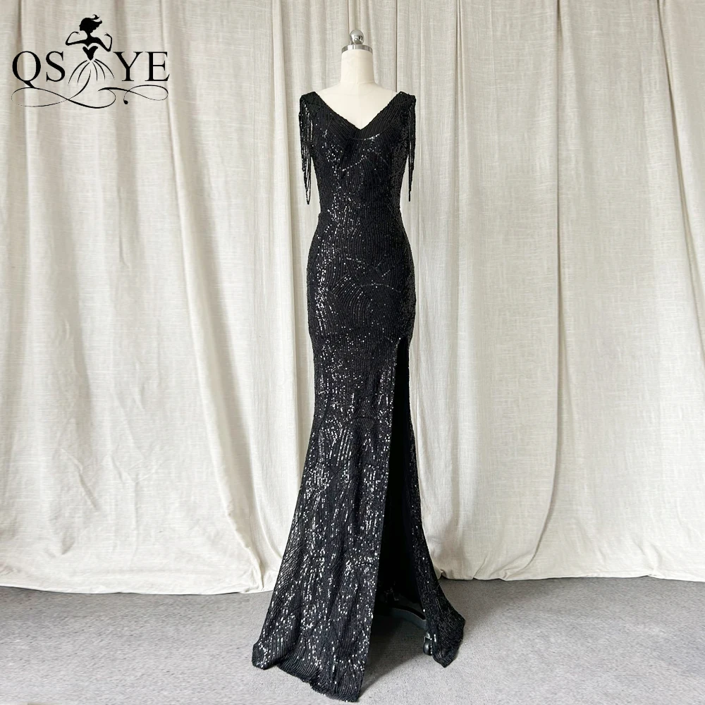 

Sequined Black Long Evening Dresses Stretch Pattern Lace Beading Straps V Neck Prom Gown Sexy Split Fitted Formal Party DressNew