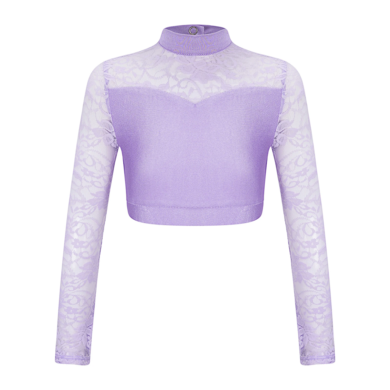 Kids Girls Sheer Floral Lace Gymnastics Dance Crop Top Patchwork Mock Neck Long Sleeve Cutout Back T-Shirt Top Stage Performance