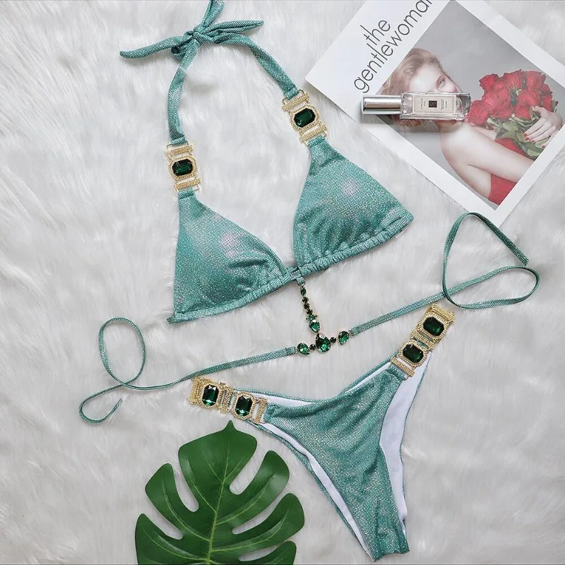 Women's Rhinestone Bikini Set Sparkly Rave Outfits Two Piece Sexy Triangle Bra Halter Swimsuit Bathing Suit