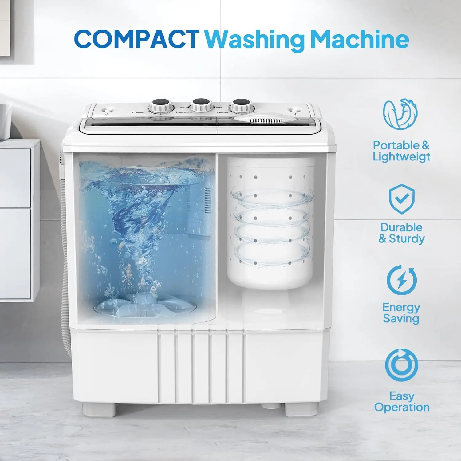 21LBS Portable Washing Machine, Washer(14LBS) and Spinner(7LBS), Mini Compact Twin Tub Washer and Dryer Combo with Pump Draining 5