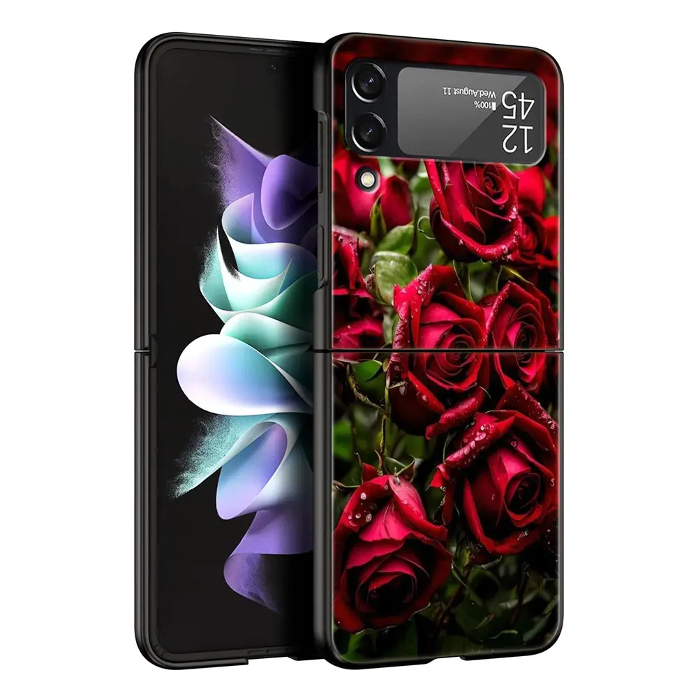 Elegant Red Rose Floral Phone Case - Black Hard Folding Cover