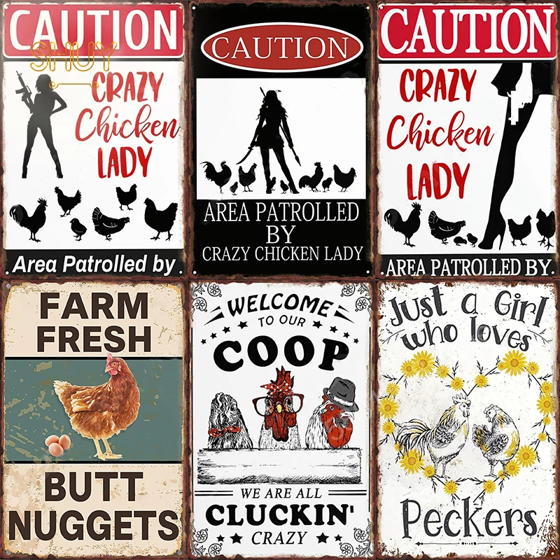 

Welcome To Our Chicken Coop Retro Metal Sign Caution Area Wall Art Sign Crazy Chicken Lady Vintage Kitchen Farmhouse Wall Decor