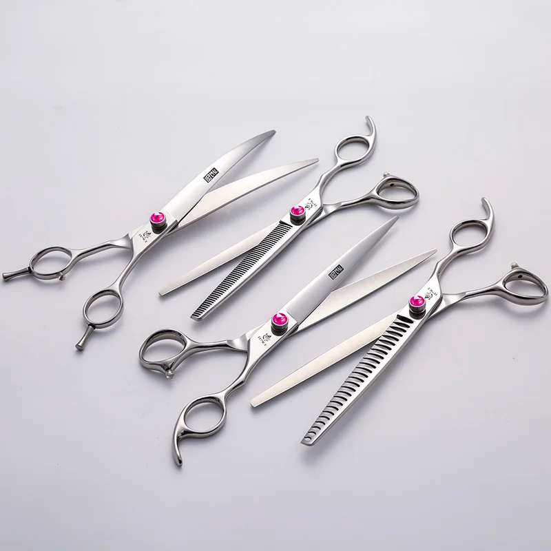 Fenice 7.0/7.5/8.0 inch JP440C Pet Hairdressing kit Rose Red Screw Straight/Curved/Thinner/Chunker for Dogs Grooming Trimming
