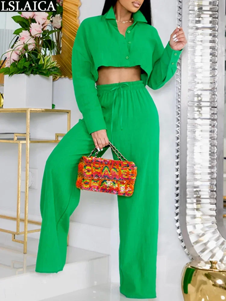 

Комплект со штанами для женщин, 2 предмета, модный однотонный осенний короткий топ, широкие штаны, костюм, дешевая Женская одежда и Бесплатная доставка, предложения