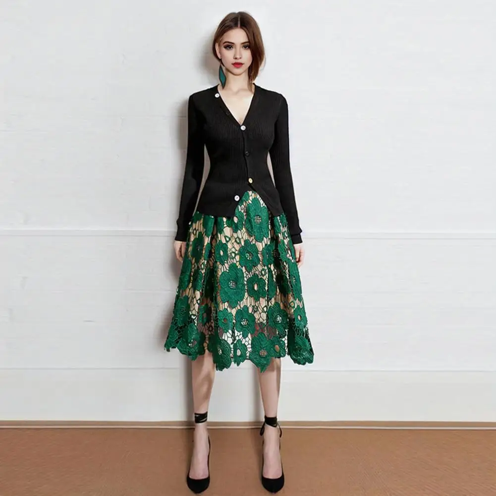 

Элегантная женская юбка, элегантная Цветочная кружевная трапециевидная юбка миди с высокой эластичной талией для женщин, Двухслойный дизайн для поездок