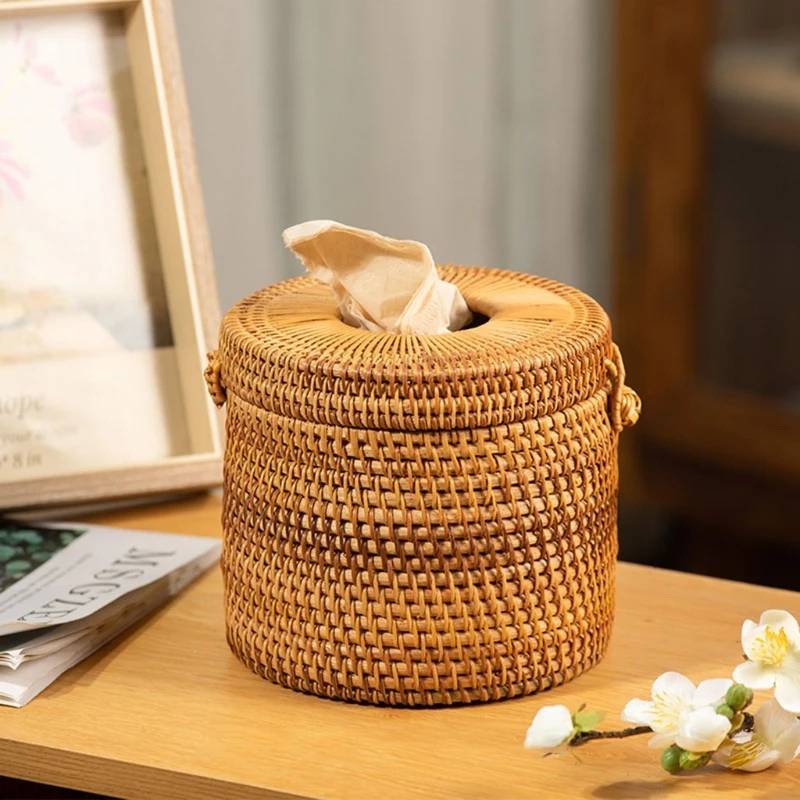 Rattan Cylinder Toilet Roll Holder Bathroom Storage Rattan Basket 