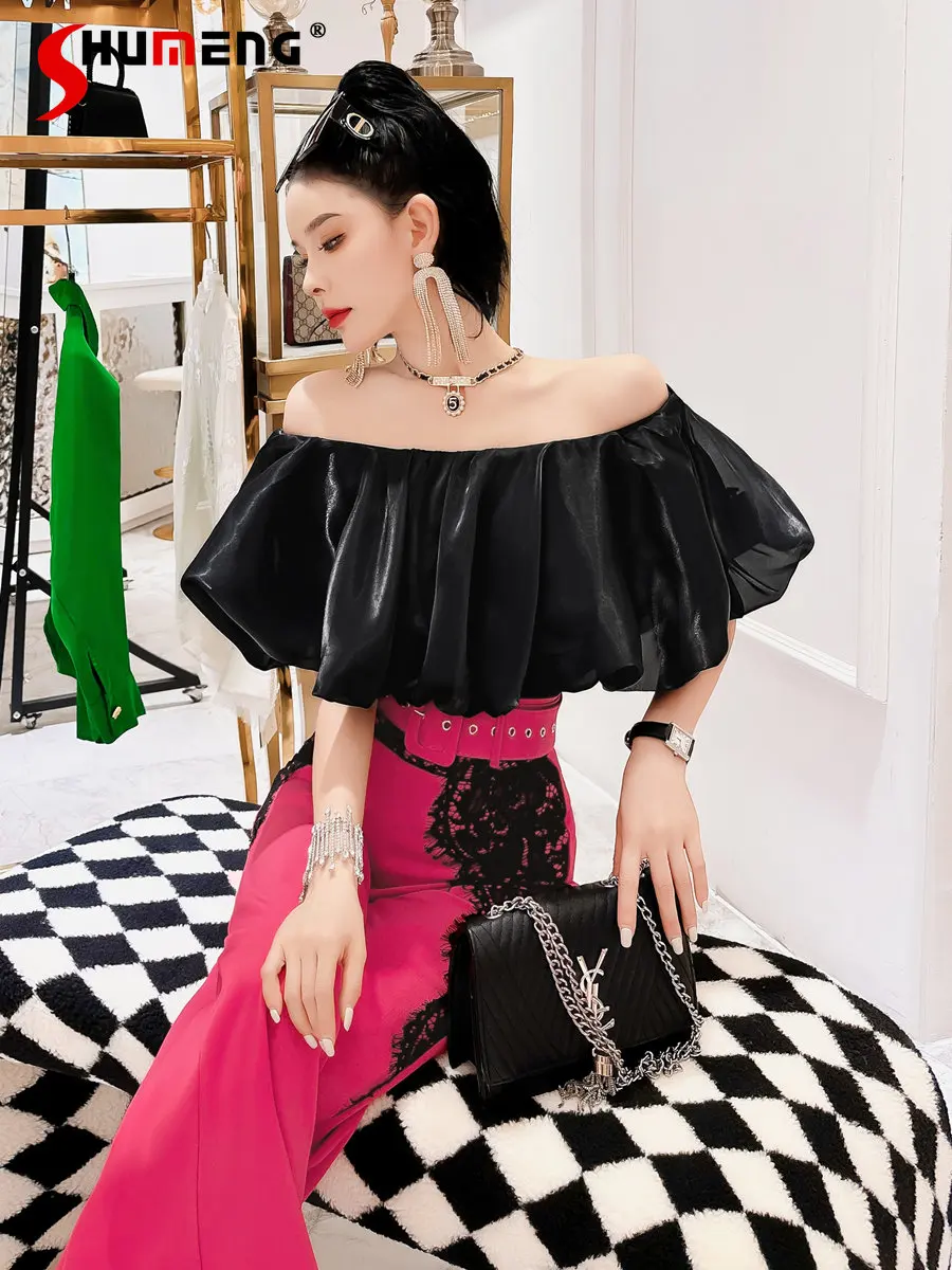 

French Style Puff Sleeve Short Top Chic Summer Design Collarbone Off-Shoulder Solid Color Blouses Ladies Sexy Tops