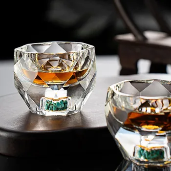 1PC 50ML Bicchieri da shot in cristallo Design sfaccettato per whisky Tè nero Vetro a doppio fondo intarsiato con lamina d'oro o bicchieri turchesi 1
