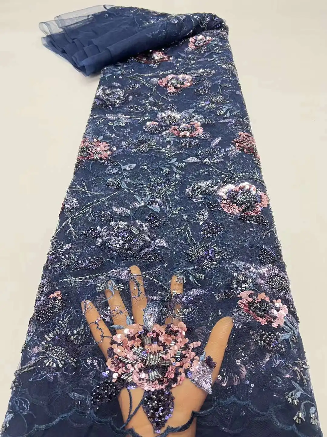 

Роскошная нигерийская кружевная ткань ручной работы с блестками и бусинами 2024 Высококачественная африканская кружевная ткань разных цветов для свадебного платья