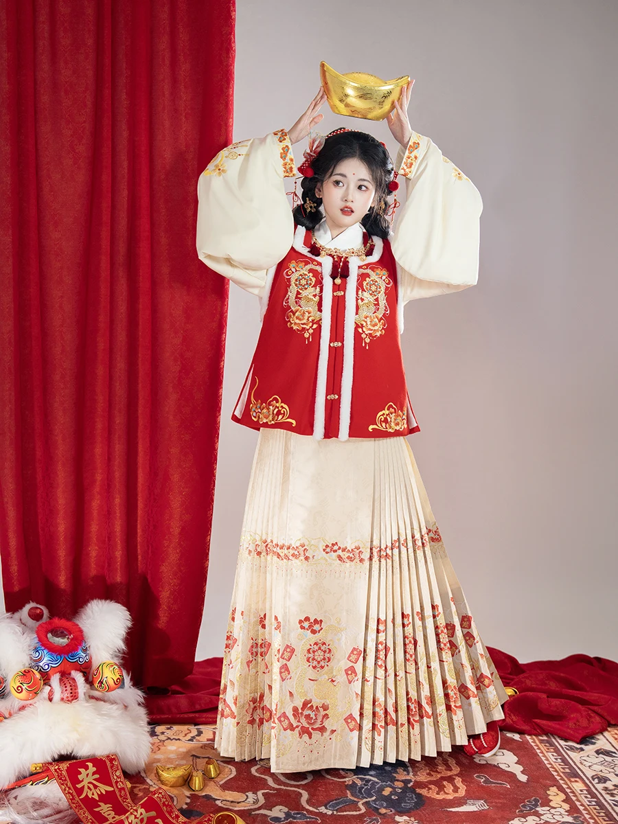 오리지널 Ming Hanfu 여성용 위빙 골드 모조 메이크업 꽃, 새해 서비스, 6 계량기 말 얼굴 스커트, 용수철 및 가을