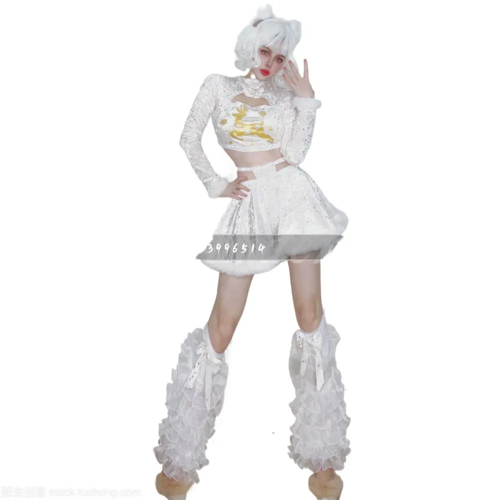 

New Nightclub Bar DS Female Singer Gogo Christmas New White Deer Performance Dress Female New Year's Day New Year's Day Set