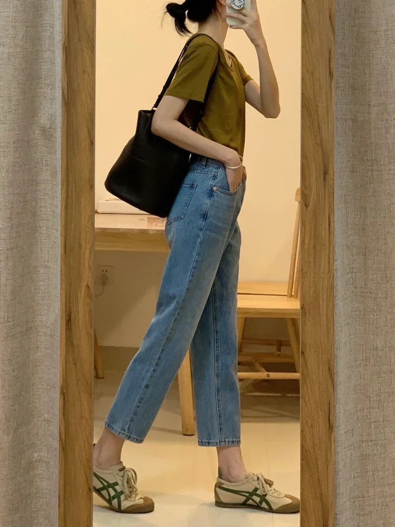 

Retro high waisted Jeans Women Summer Thin Slim fit Slimming Straight Pants Design Sense Cropped Pants High Street Fashion Ins
